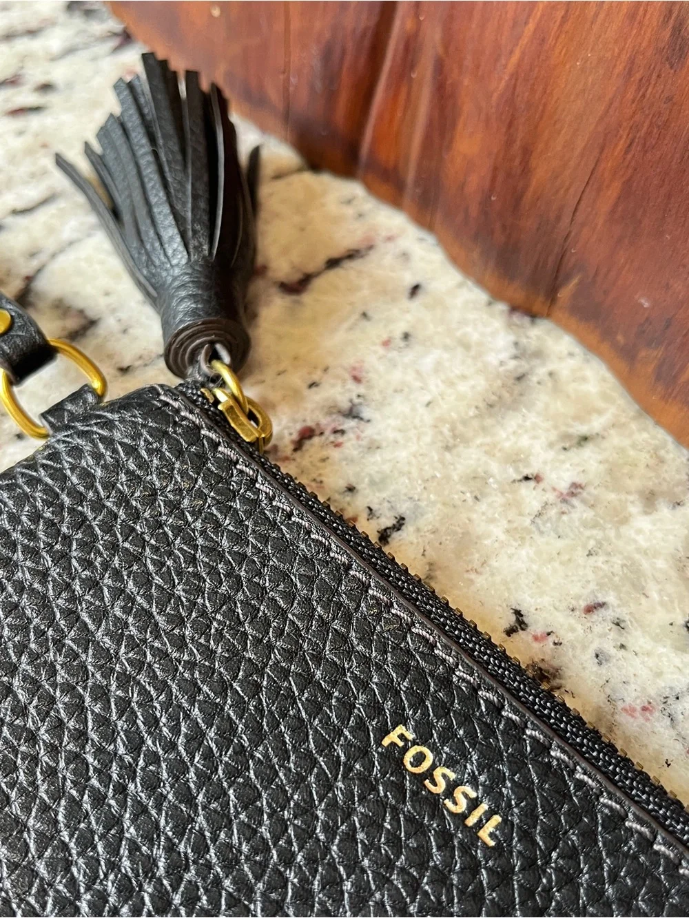 Fossil Black Pebbled Leather Tassel Wristlet